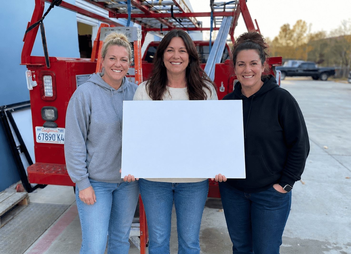 Business owners holding a personalized thank-you sign for a customer named Chris